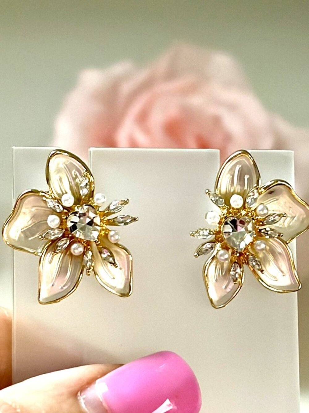 Gold Pearl Flower Stud Earrings Crystal Floral Statement Earrings Bridal
